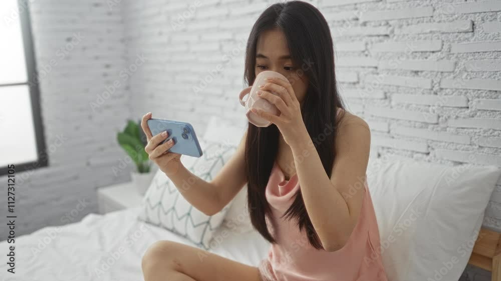 Woman drinking coffee while looking at phone in a cozy bedroom with white brick walls, embodying a calm morning routine Woman drinking coffee while looking at phone in a cozy bedroom with white brick walls, embodying a calm morning routine