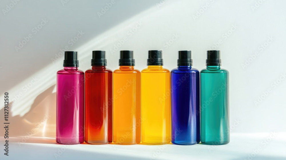 Vibrant colored shampoo bottles arranged neatly on a white surface with soft lighting enhancing their glossy finishes Vibrant colored shampoo bottles arranged neatly on a white surface with soft lighting enhancing their glossy finishes