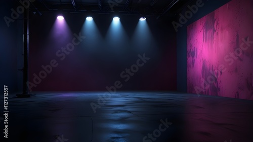 The dark stage shows, empty dark blue, purple, pink background, neon light, spotlights, The asphalt floor and studio room with smoke float up the interior texture for display products