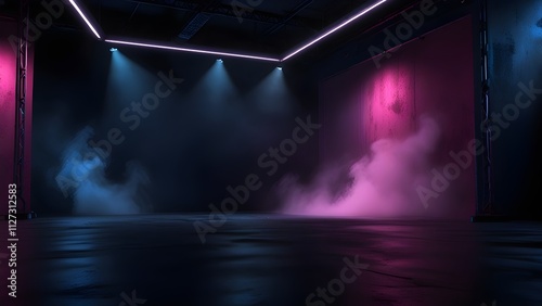 The dark stage shows, empty dark blue, purple, pink background, neon light, spotlights, The asphalt floor and studio room with smoke float up the interior texture for display products