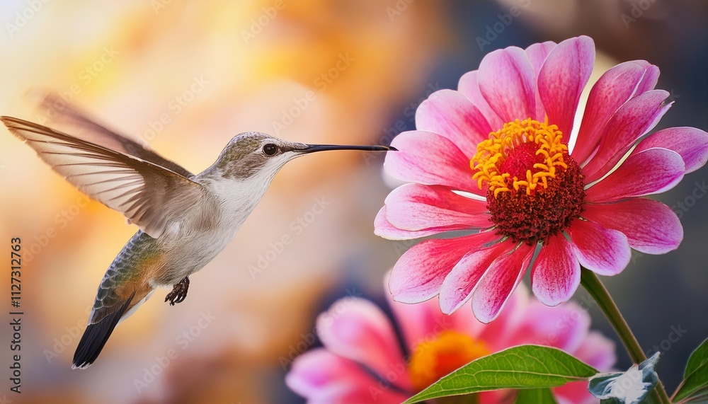 Naklejka premium A Vibrant Hummingbird Gracefully Approaches a Stunning Blossom to Collect Nectar in a Lush Garden, Capturing the Essence of Natures Beauty and the Delicate Balance of Pollination