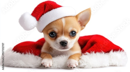 Cute Chihuahua puppy wearing a Santa hat resting on a festive red blanket for a cheerful holiday theme