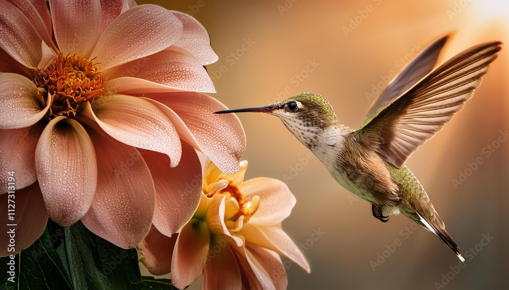 Naklejka premium A Vibrant Hummingbird in MidFlight Capturing the Moment as It Delicately Picks Nectar from a Stunning Flower in a Lush Garden Setting