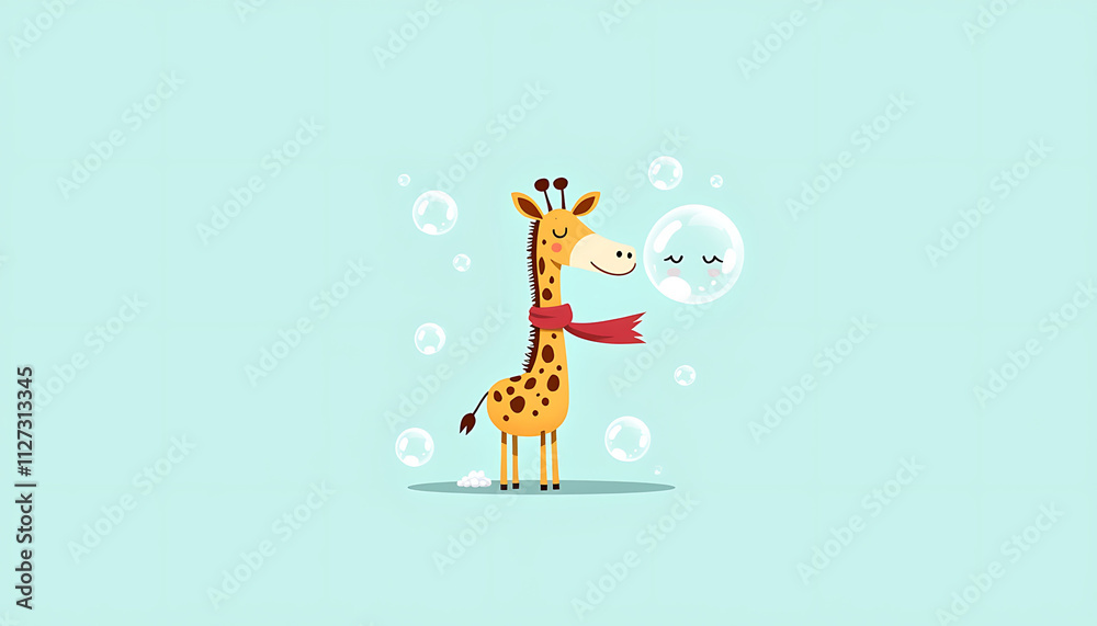 Naklejka premium Adorable giraffe wearing a red scarf surrounded by soap bubbles on a pastel blue background