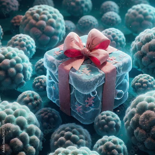 Foto microscópica de célula en forma de regalo en microcosmos navideño.