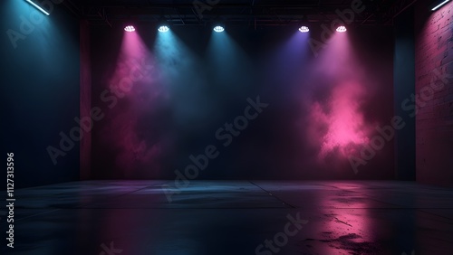 The dark stage shows, empty dark blue, purple, pink background, neon light, spotlights, The asphalt floor and studio room with smoke float up the interior texture for display products