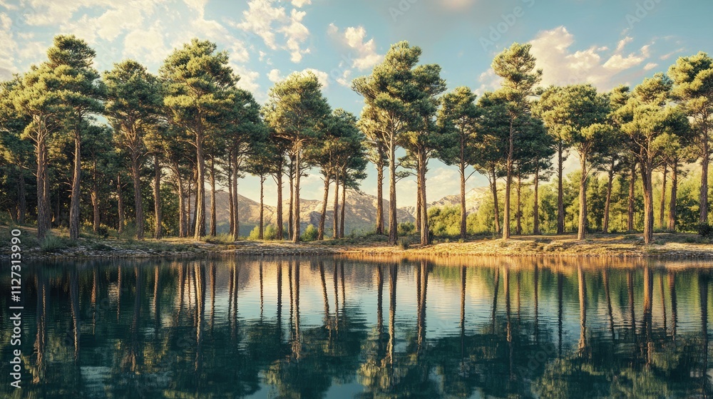 Obraz premium Serene pine forest at sunset with reflections on calm lake waters under a clear blue sky showcasing nature's tranquility and beauty.