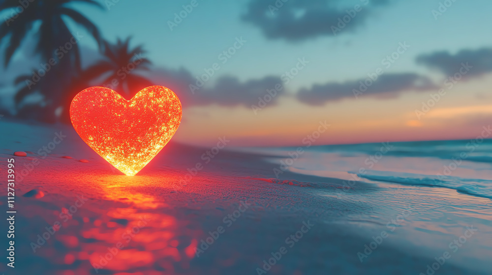 Fototapeta premium Heart on a sandy beach glowing at dusk flat design side view warm evening theme animation Complementary Color Scheme