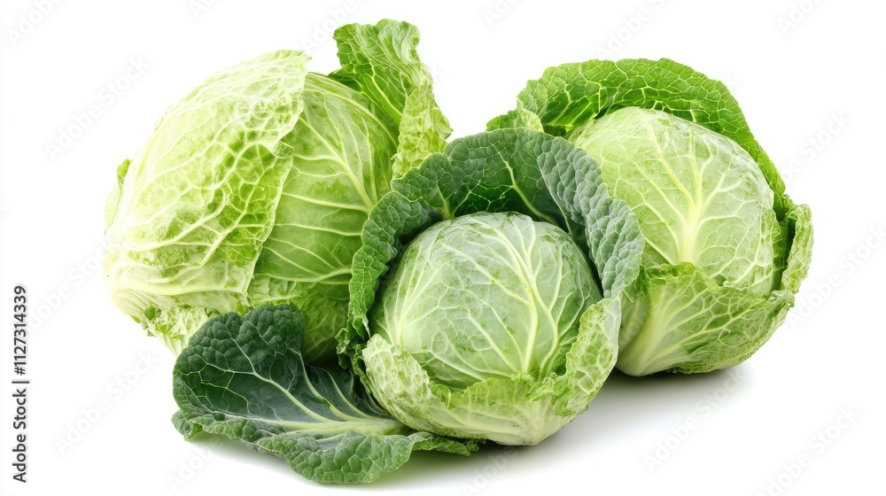 Fresh organic cabbage heads on a white background showcasing vibrant green leaves ideal for healthy cooking and agricultural themes. Fresh organic cabbage heads on a white background showcasing vibrant green leaves ideal for healthy cooking and agricultural themes.