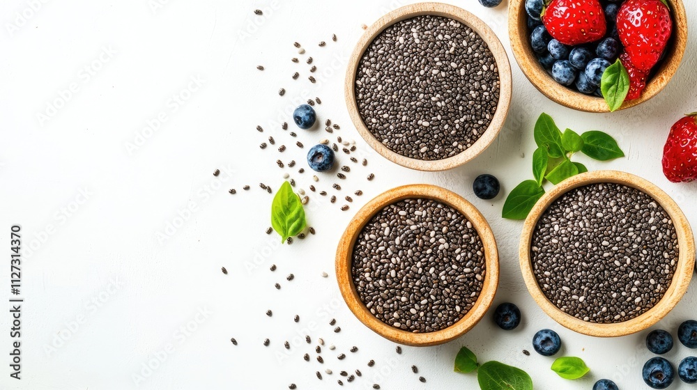 Chia seeds in wooden bowls surrounded by fresh berries on a clean white background showcasing healthy eating and nutrition concepts Chia seeds in wooden bowls surrounded by fresh berries on a clean white background showcasing healthy eating and nutrition concepts