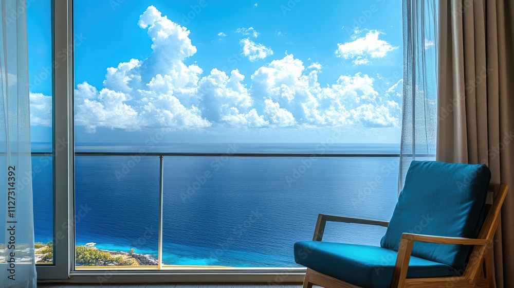 Tranquil hotel balcony with stunning sea and skyline view from an inviting chair overlooking the serene ocean and vibrant clouds. Tranquil hotel balcony with stunning sea and skyline view from an inviting chair overlooking the serene ocean and vibrant clouds.