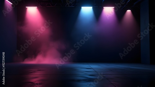 The dark stage shows, empty dark blue, purple, pink background, neon light, spotlights, The asphalt floor and studio room with smoke float up the interior texture for display products