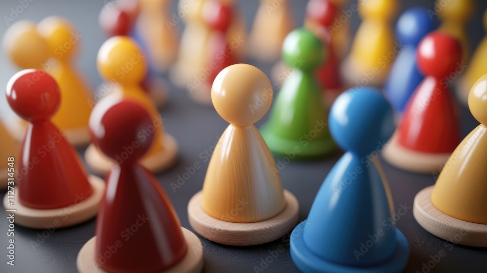 Colorful game pieces representing customer relationship management concepts and teamwork dynamics in a strategic business environment. Colorful game pieces representing customer relationship management concepts and teamwork dynamics in a strategic business environment.