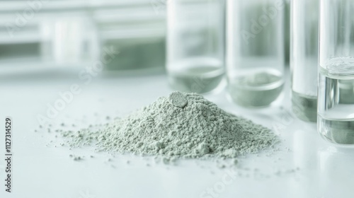 Closeup of chemical powders including Cetyl Esters Wax Ferrous Sulfate and Zinc Powder on a white laboratory table with test tubes photo