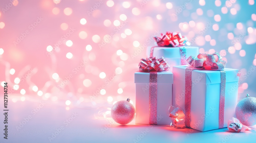 Creative New Year celebration with decorated gifts under neon lights on a pastel background featuring festive holiday bokeh effects Creative New Year celebration with decorated gifts under neon lights on a pastel background featuring festive holiday bokeh effects