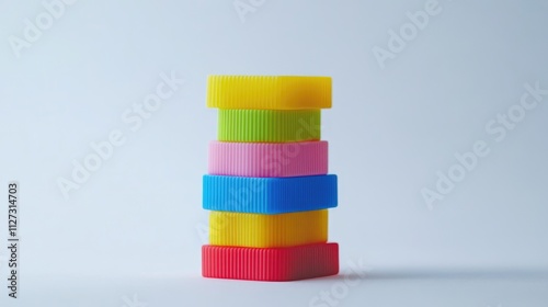 Colorful plastic building blocks arranged in a playful stack on a clean white background showcasing creativity and fun for children