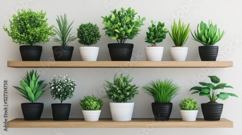 Artificial plants in stylish pots displayed on wooden shelves for modern home decor and interior design inspiration