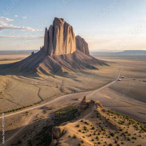 Aerial view of Ship Rock, an Iconic and religiously significant Navajo Nation monadnock, San Juan County, New Mexico, United States. photo