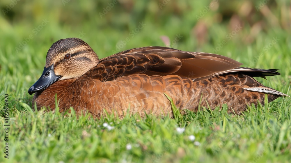 Brown female mallard duck resting on lush green grass captured in a close-up portrait showcasing its vibrant feathers and serene demeanor. Brown female mallard duck resting on lush green grass captured in a close-up portrait showcasing its vibrant feathers and serene demeanor.