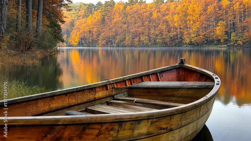 Autumn Serenity: Wooden Rowboat on a Calm Lake Autumn Serenity: Wooden Rowboat on a Calm Lake