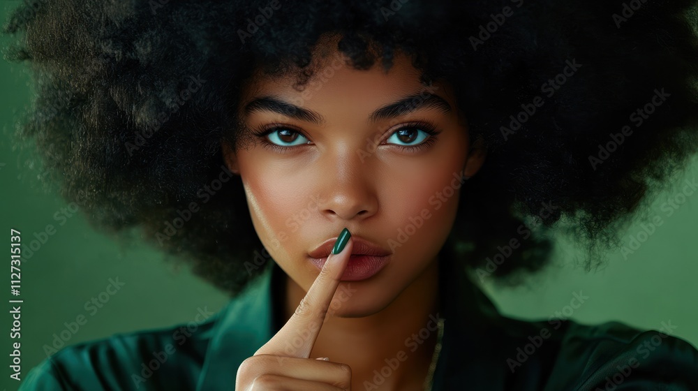 Obraz premium Mysterious beautiful woman with Afro hair presses index finger to folded lips makes hush gesture and asks to be quiet asks politely to keep silence prohibits talking during meeting wears green clothe