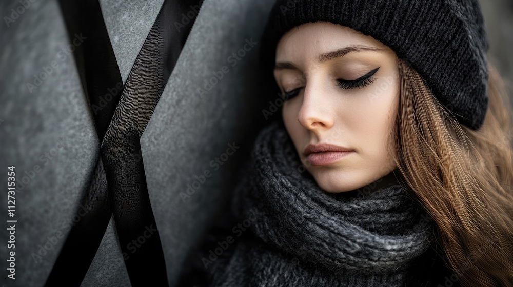 Elegant woman in black hat and scarf with a somber expression against a background highlighting mourning awareness themes.