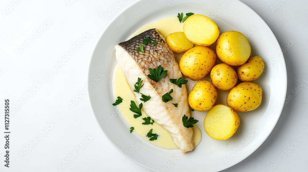 Lutfisk is elegantly presented with boiled potatoes and fresh parsley, ready to be enjoyed Lutfisk is elegantly presented with boiled potatoes and fresh parsley, ready to be enjoyed