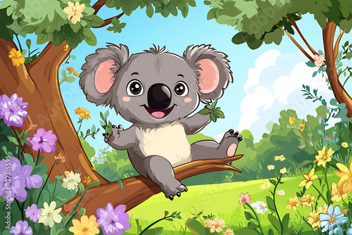 A cheerful cartoon koala sitting on a tree branch surrounded by colorful flowers and greenery. photo