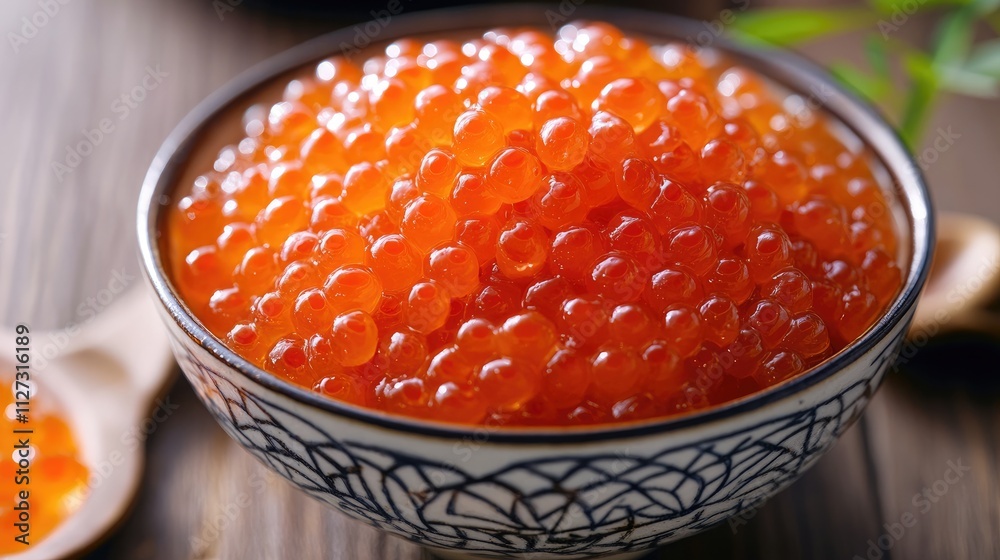 Delicious bowl of cod fish roe showcasing vibrant orange pearls on a wooden table with natural elements for an elegant seafood presentation Delicious bowl of cod fish roe showcasing vibrant orange pearls on a wooden table with natural elements for an elegant seafood presentation