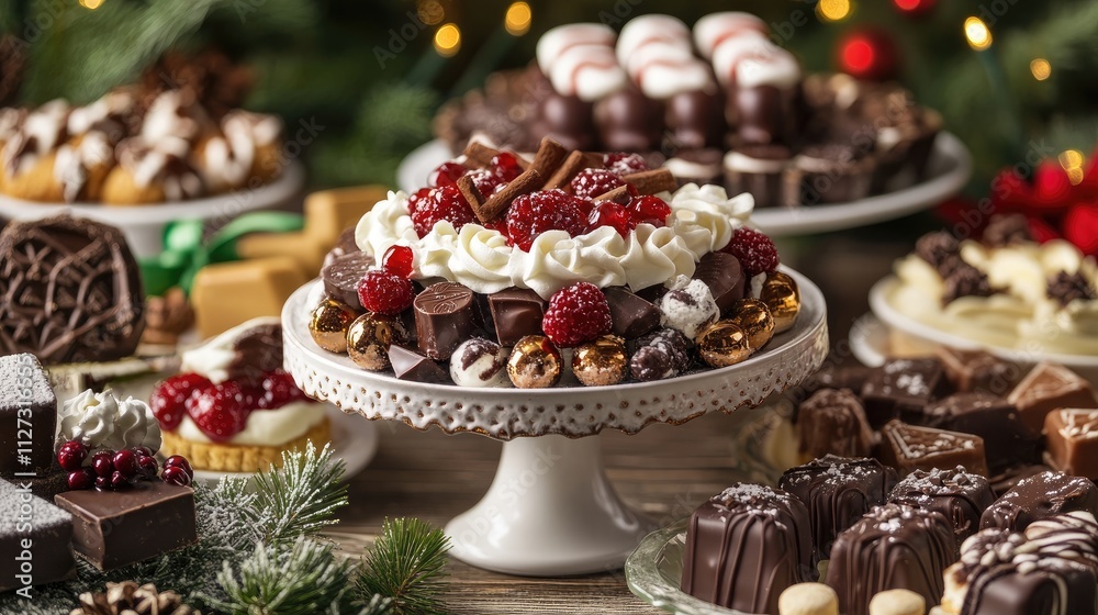 Assorted festive desserts featuring chocolates and sweets on elegant display for holiday celebrations Assorted festive desserts featuring chocolates and sweets on elegant display for holiday celebrations