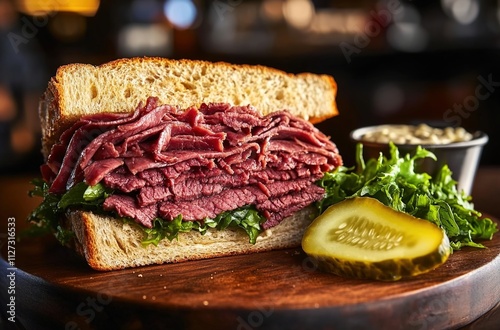 A mouthwatering pastrami sandwich, with slices of deli meat and lettuce on brown bread, sits atop an elegant wooden board in the soft glow of natural light.