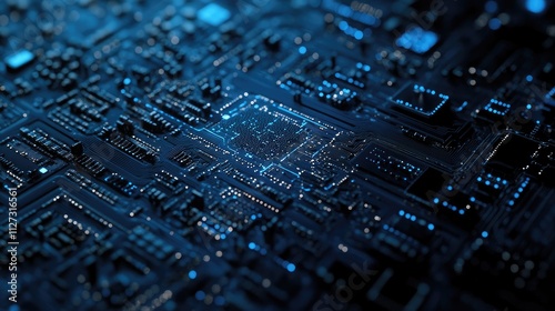 Blue circuit board with microchips on a dark background representing artificial intelligence and advanced technologies in data analysis. photo