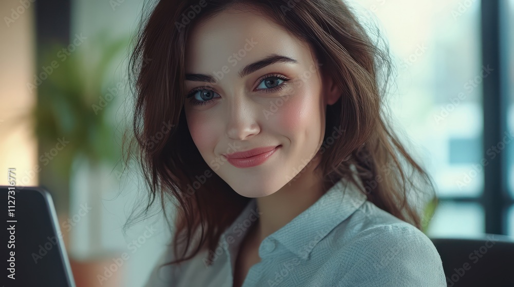Portrait of happy businesswoman with touchpad in office looking at camera. Portrait of happy businesswoman with touchpad in office looking at camera.
