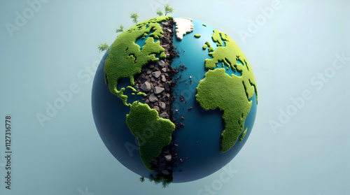 A Creative Representation of Earth Divided by a Rocky Divide Symbolizing Environmental Issues and Balance photo