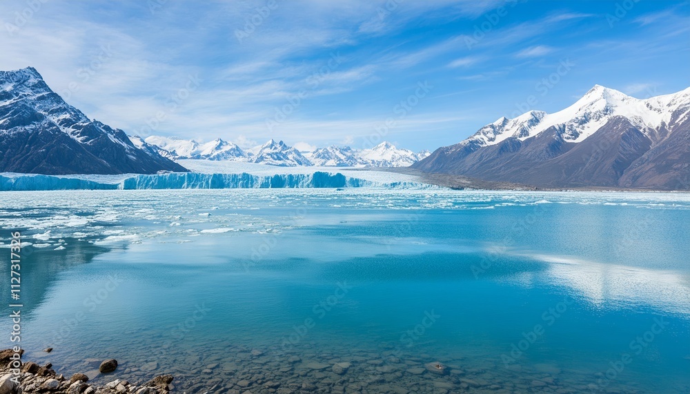 Fototapeta premium Breathtaking Icy Blue Landscape Featuring a Serene Lake Surrounded by Majestic Mountains Under a Clear Sky, Capturing the Essence of Tranquility and Natural Beauty in a Stunning