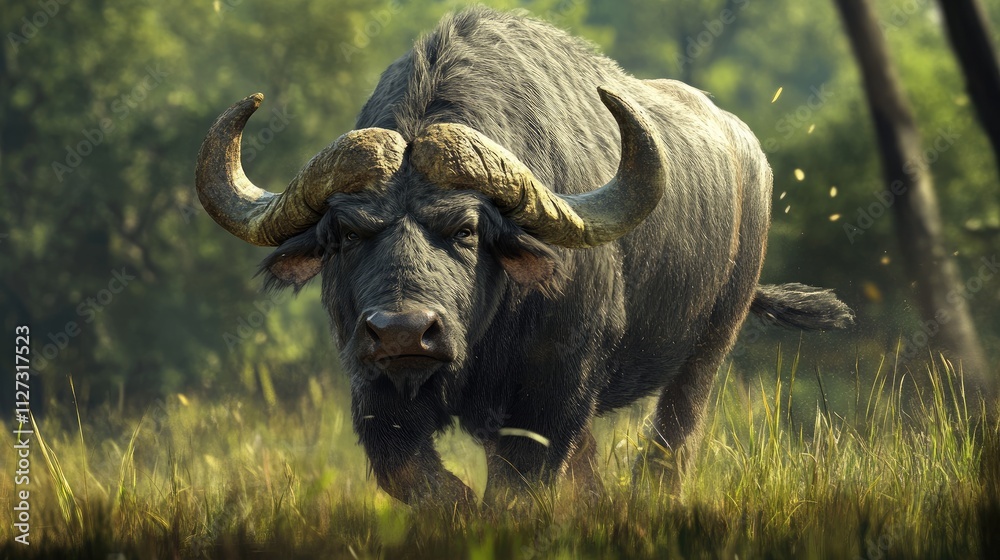 Asian Water Buffalo in lush green landscape showcasing its unique features and habitat under natural lighting conditions. Asian Water Buffalo in lush green landscape showcasing its unique features and habitat under natural lighting conditions.