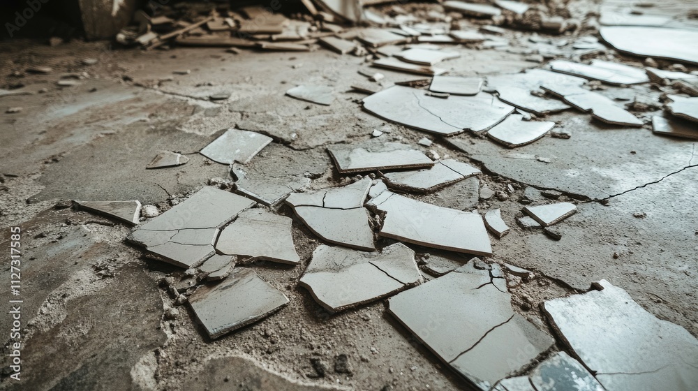 Fragmented ceramic tiles scattered on a cracked cement floor in an abandoned building interior Fragmented ceramic tiles scattered on a cracked cement floor in an abandoned building interior