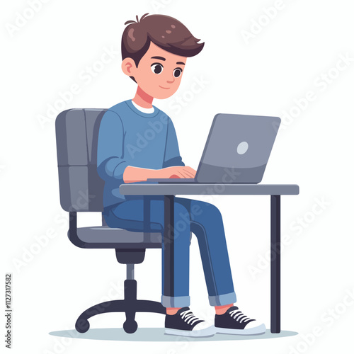 a boy is using his laptop vector