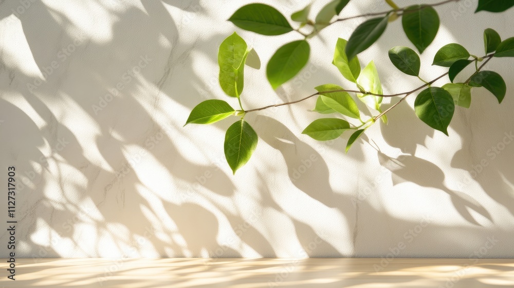 Obraz premium Spring green leaves casting shadows on marble wall and wood table creating a serene natural ambiance with ample copy space for designs