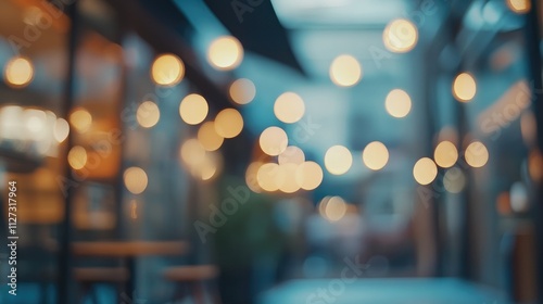 Brightly lit blurred background of an open air shopping mall showcasing warm bokeh lights and cozy outdoor dining ambiance photo