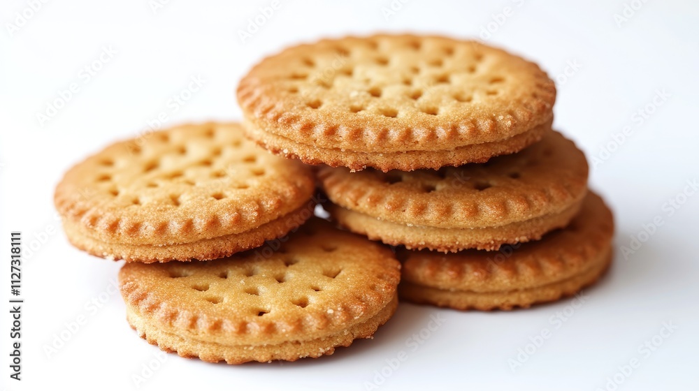 Assorted golden cookies stacked on a white background highlighting texture and detail perfect for food and dessert-themed projects. Assorted golden cookies stacked on a white background highlighting texture and detail perfect for food and dessert-themed projects.