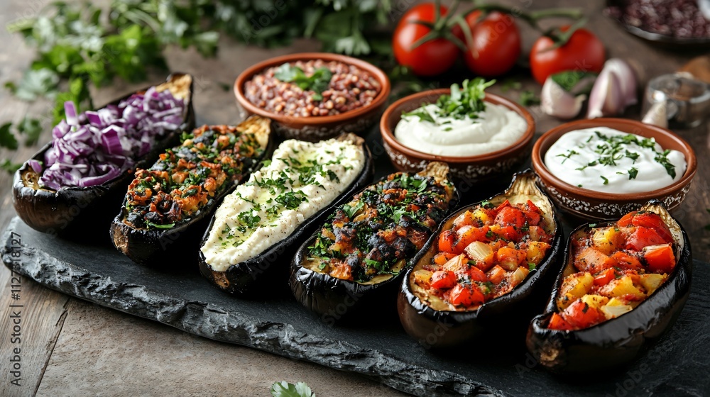 An assortment of stuffed eggplants on a rustic stone platter, with decorative bowls of hummus and yogurt An assortment of stuffed eggplants on a rustic stone platter, with decorative bowls of hummus and yogurt