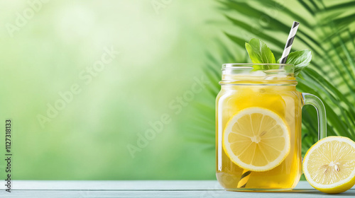 Refreshing palmer served in a mason jar features lemon slices and mint against green foliage