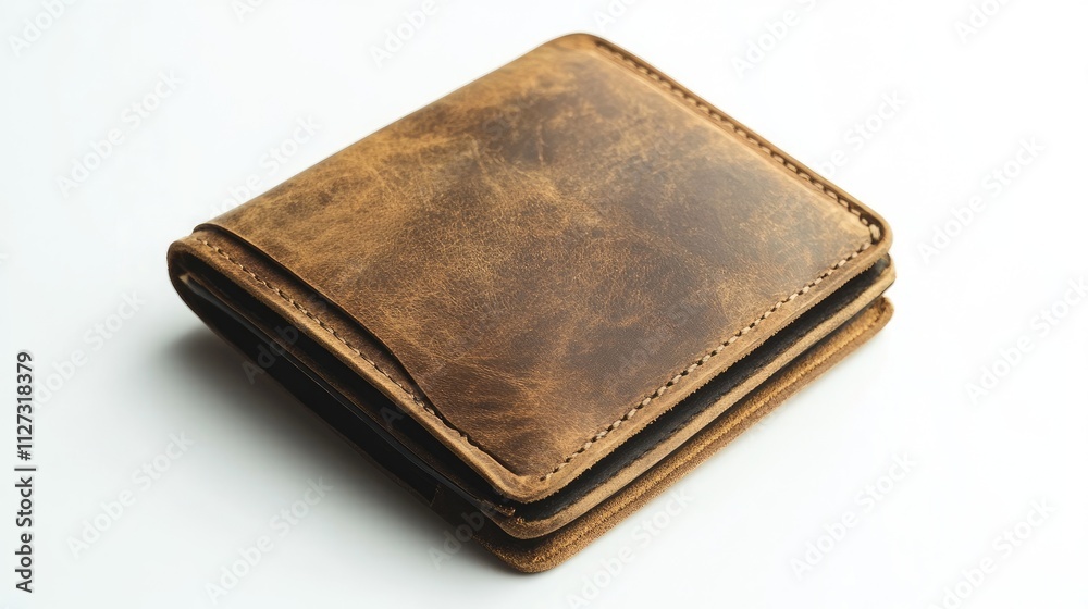 Elegant brown leather wallet showcasing rich texture on a clean white background ideal for fashion or accessory advertisements. Elegant brown leather wallet showcasing rich texture on a clean white background ideal for fashion or accessory advertisements.