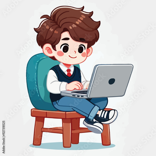 a boy is using his laptop vector