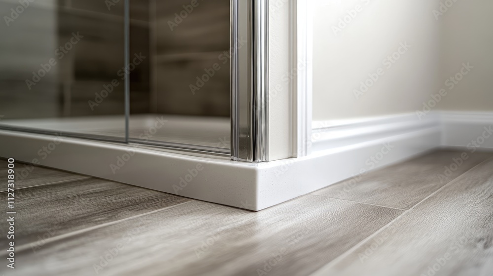 Fototapeta premium Modern bathroom corner with sleek glass shower enclosure and wooden flooring highlighting contemporary design and elegance.