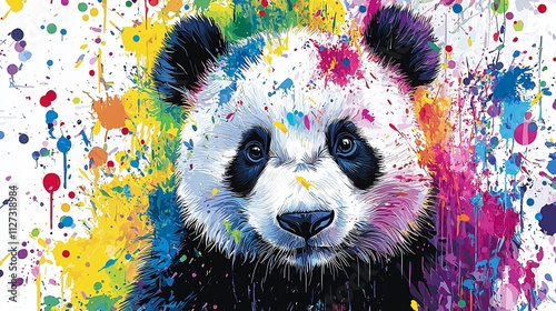 Colorful panda bear in vibrant paint splatter. photo