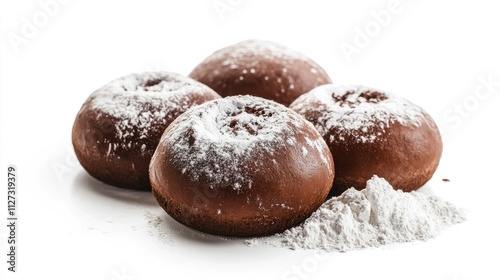 Brown baked buns dusted with flour arranged on a white background showcasing a fresh and appetizing pastry presentation.