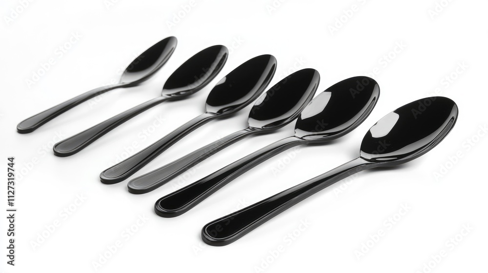 Black plastic spoons arranged in a row against a clean white background illustrating modern dining utensils and disposable tableware solutions Black plastic spoons arranged in a row against a clean white background illustrating modern dining utensils and disposable tableware solutions