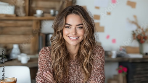 A woman sitting at a table with a cup of coffee